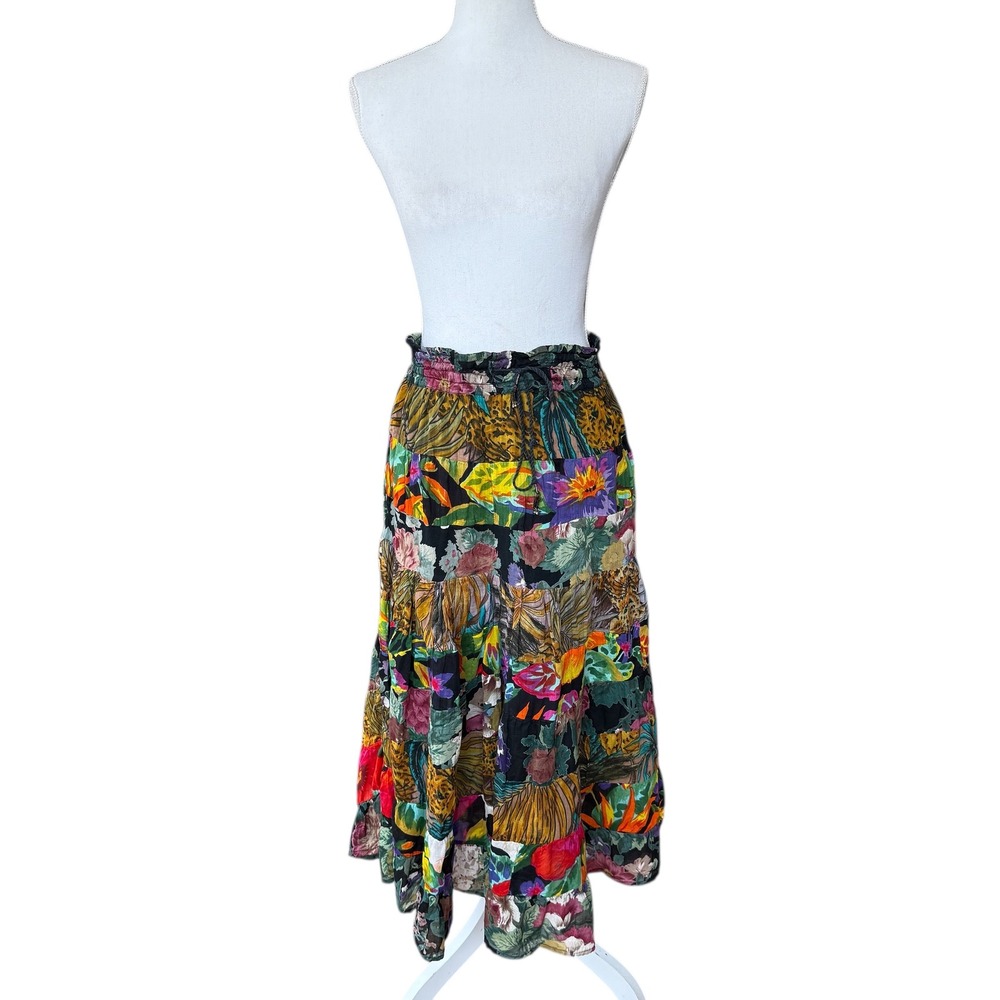 Avant Garde Floral Patchwork Tiered Maxi Skirt Cotton‎ Boho Multi One Size